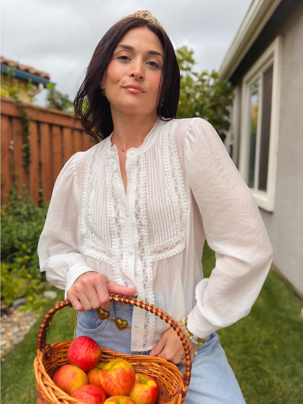 Cottagecore White Lace Pintuck Button-Down Blouse